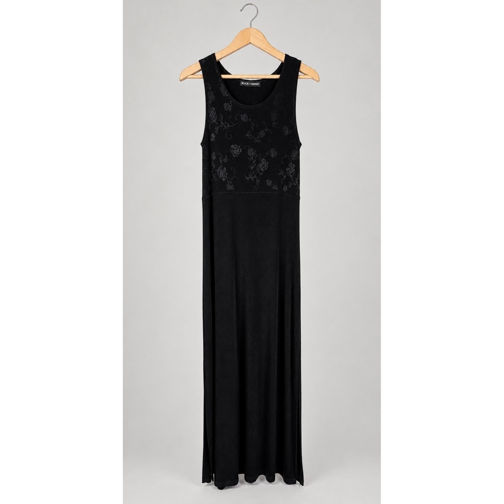 Vintage 90s Y2K Black Rose Floral Maxi Dress Whimsigoth Goth Small/Medium
